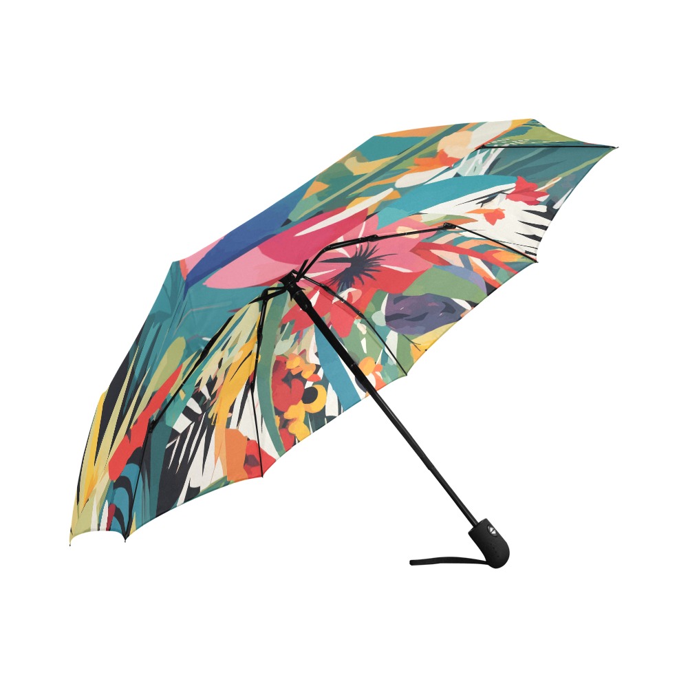 Trendy colorful art of tropical plants, flowers. Auto-Foldable Umbrella (Model U04)