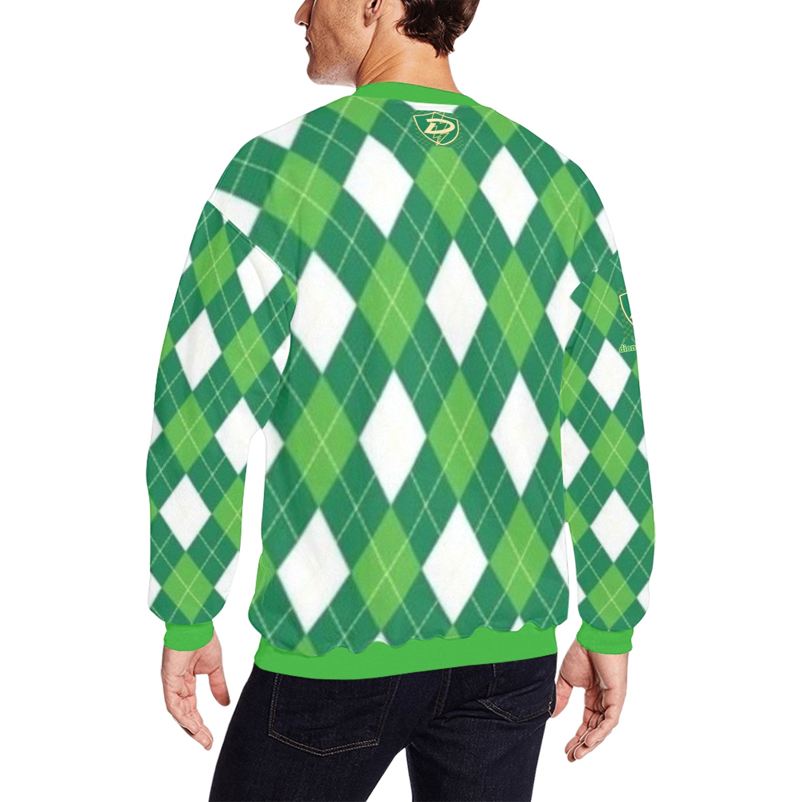 DIONIO Clothing - Argyle Green & White Diamond Sweatshirt (Green D-Shield Logo) Men's Oversized Fleece Crew Sweatshirt (Model H18)