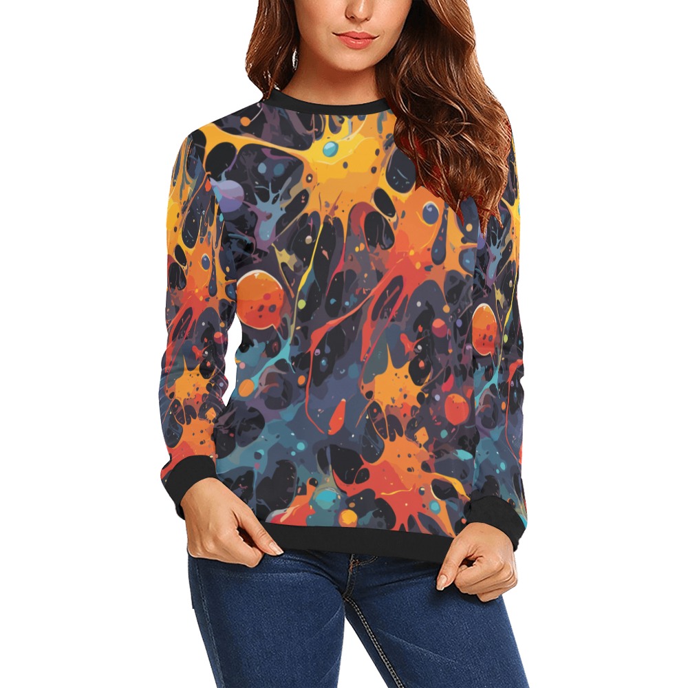 Cool colorful microbiology abstract art on black All Over Print Crewneck Sweatshirt for Women (Model H18)