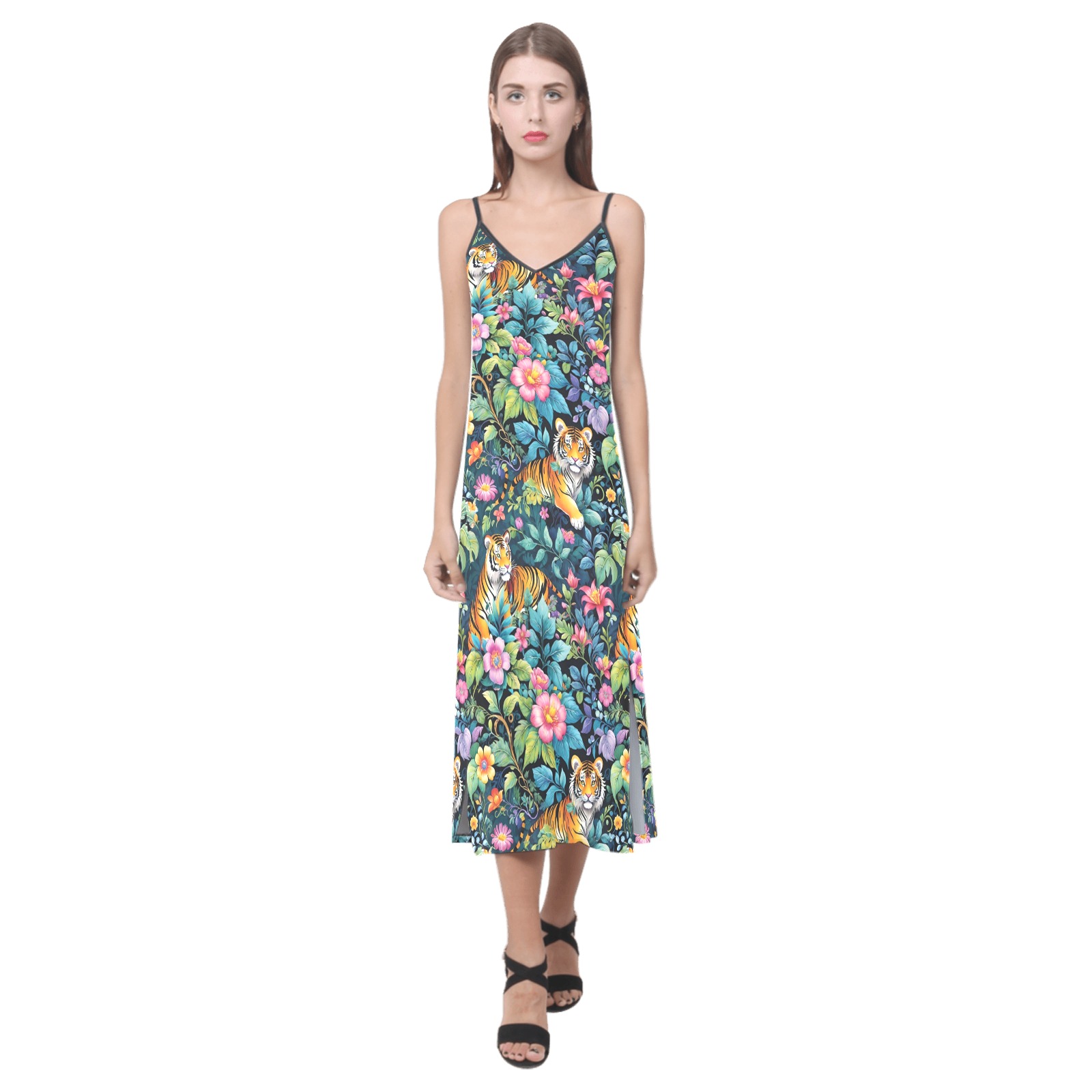 Jungle Tigers and Tropical Flowers Pattern V-Neck Open Fork Long Dress(Model D18)