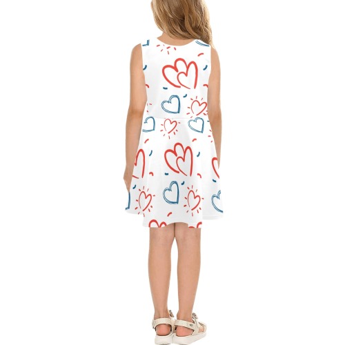 Red and Blue Doodle Hearts on White Bg Girls' Sleeveless Sundress (Model D56)