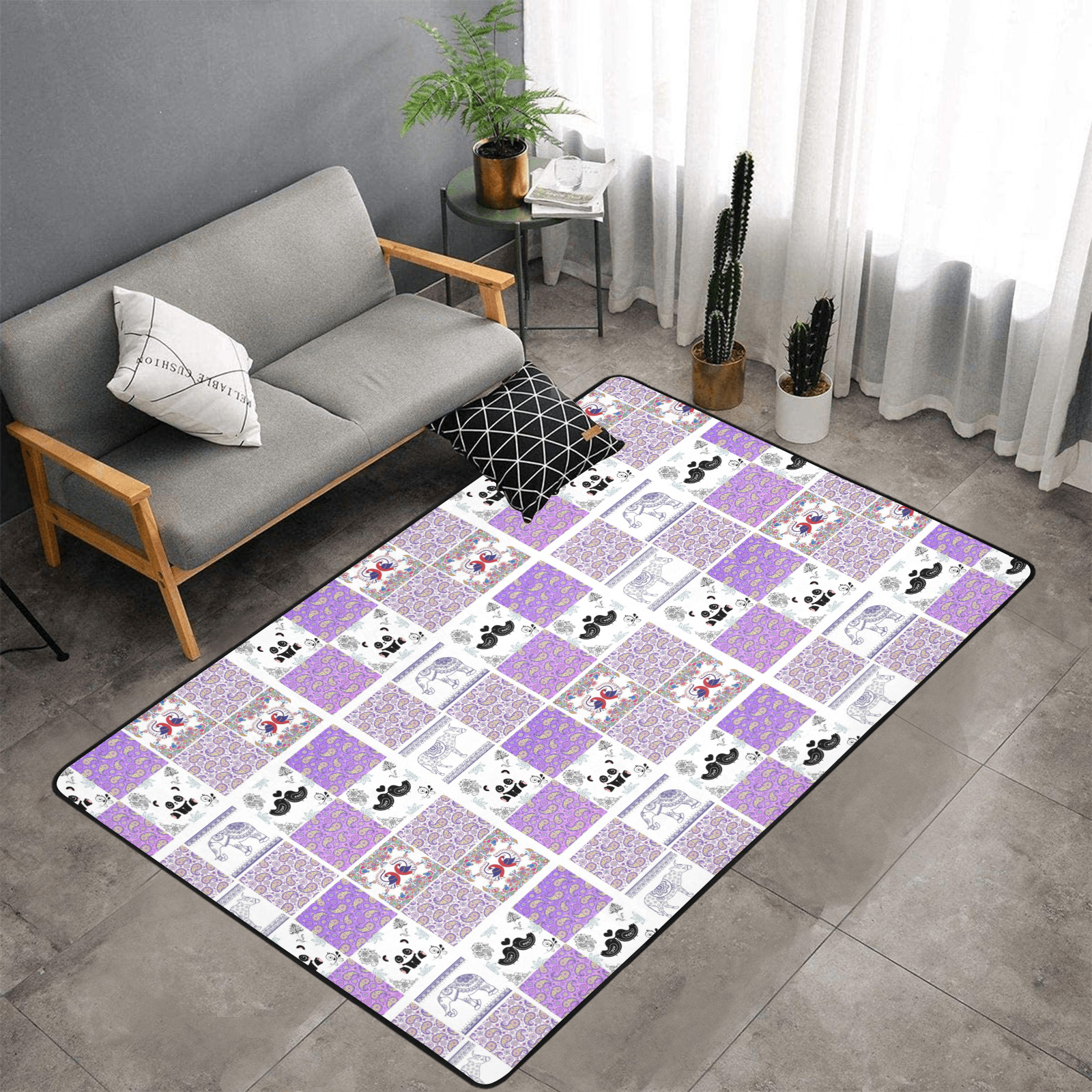 Purple Paisley Birds and Animals Patchwork Design Area Rug with Black Binding 7'x5'