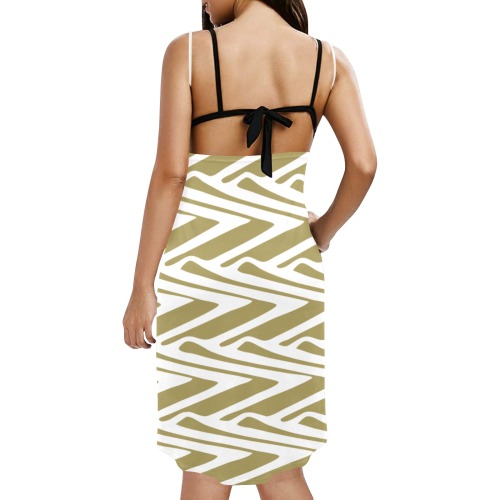 Bohemian geometrical white & beige Spaghetti Strap Backless Beach Cover Up Dress (Model D65)
