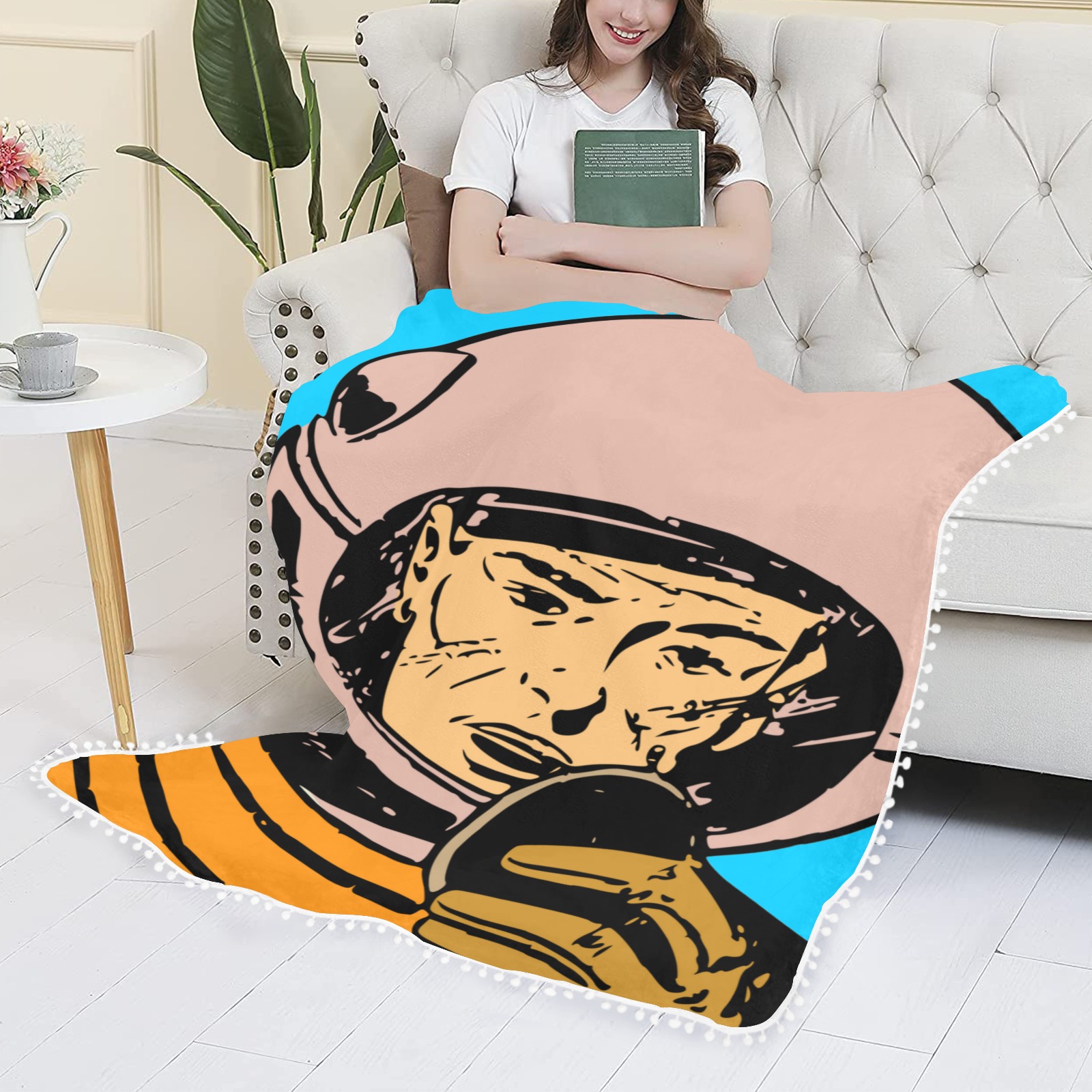 astronaut Pom Pom Fringe Blanket 60"x80"