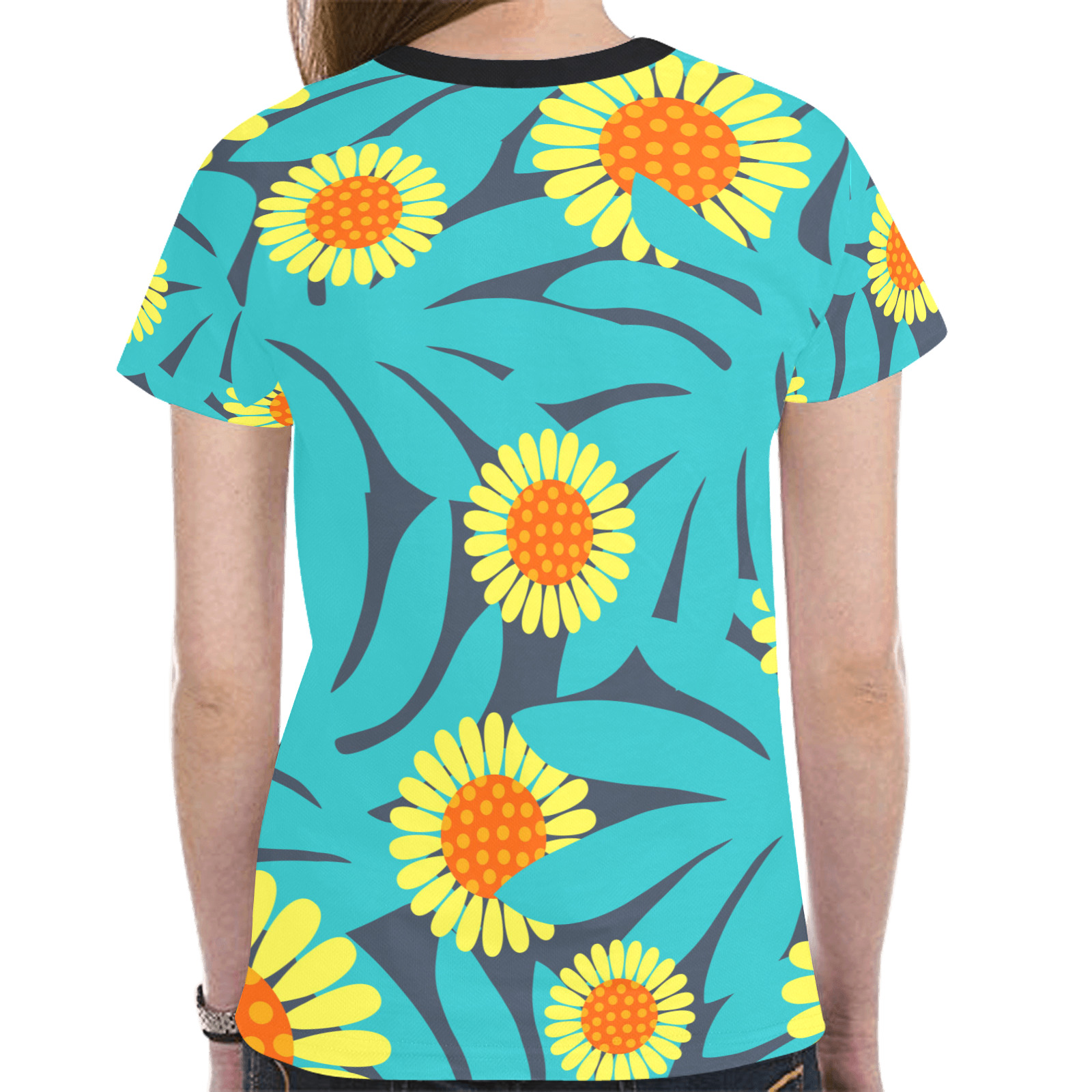 Yellow and Teal Paradise Jungle Flowers and Leaves New All Over Print T-shirt for Women (Model T45)