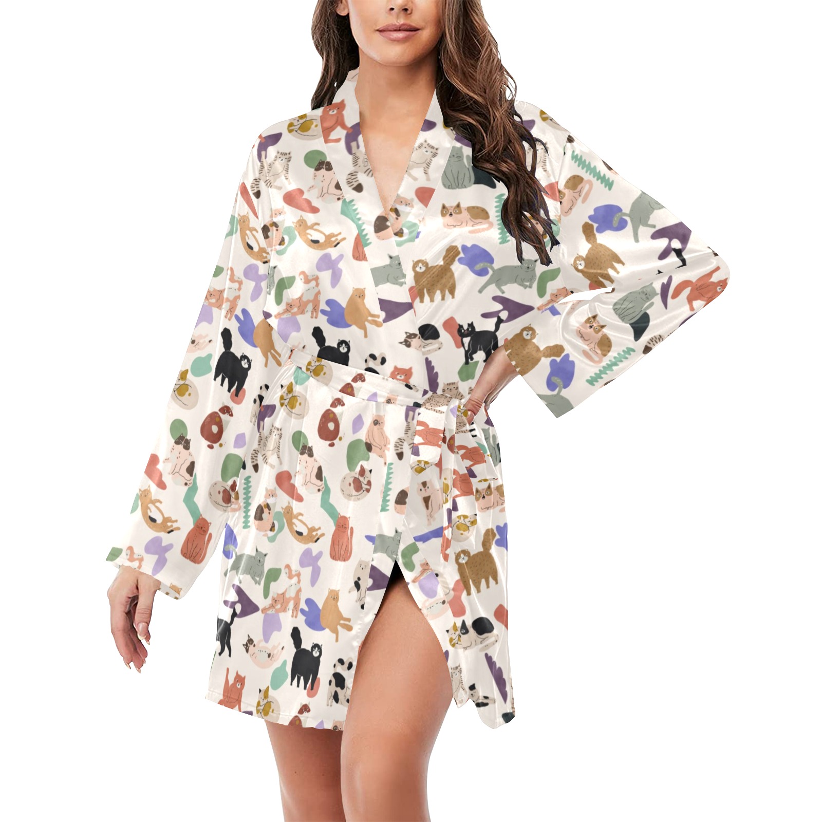 More cats 2 Women's Long Sleeve Belted Night Robe