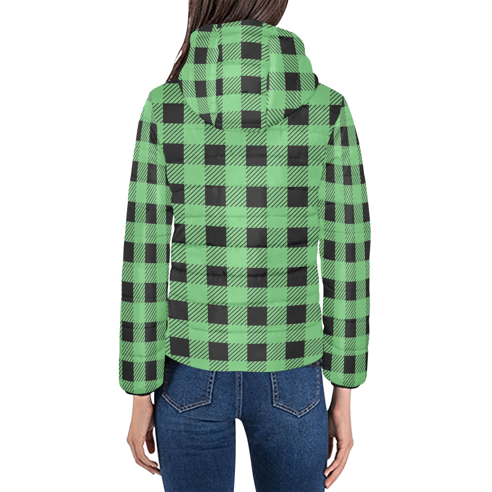 Buffalo Plaid Green Women's Padded Hooded Jacket (Model H46)