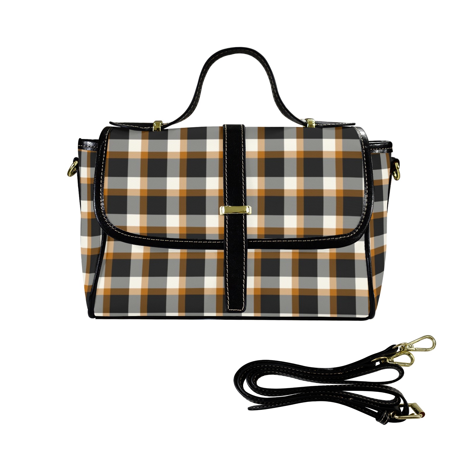 Classic Plaid (Tan) Multi-Function Satchel-Black (Model 1740)