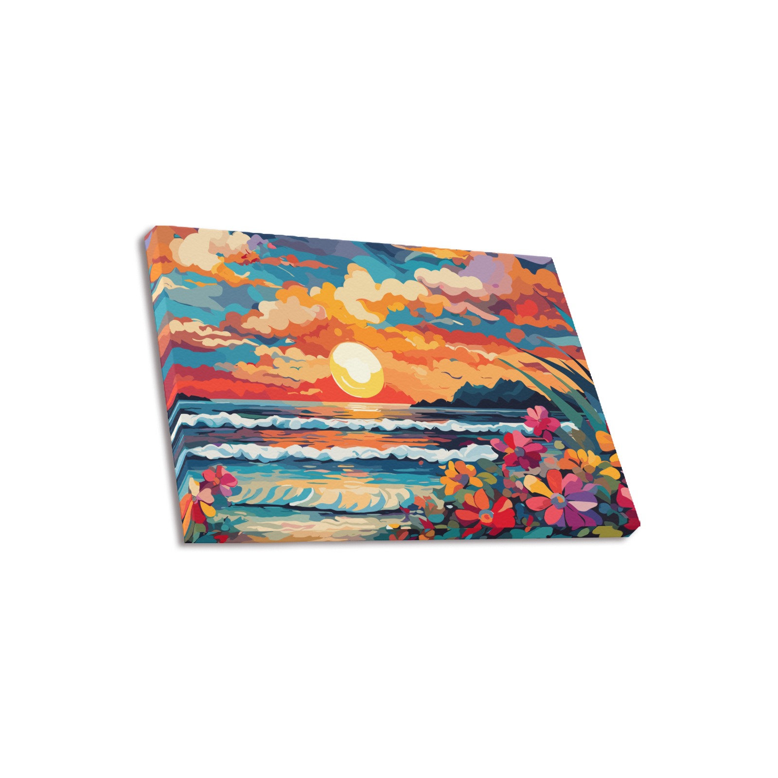 Setting sun, ocean waves, chic tropical flowers. Upgraded Canvas Print 18"x12"