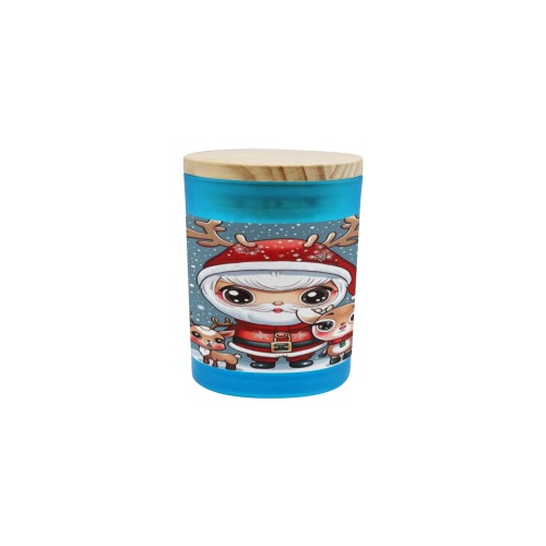 Santa and Reindeer 2 Blue Glass Candle Cup (Wood Sage & Sea Salt)