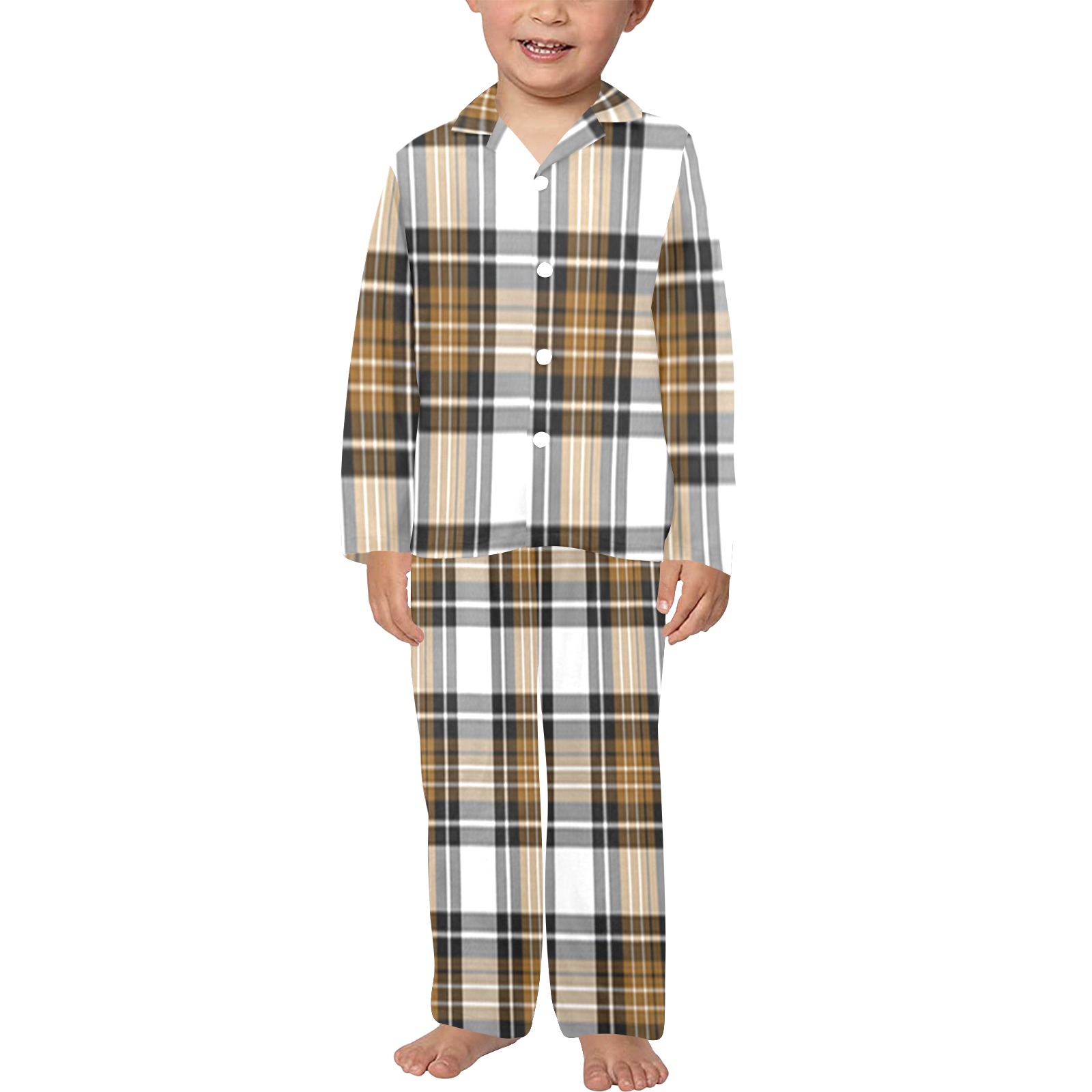 Brown Black Plaid Little Boys' V-Neck Long Pajama Set (Sets 02)