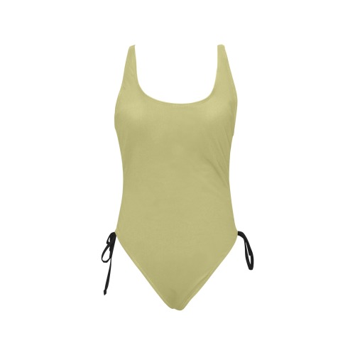 color dark khaki Drawstring Side One-Piece Swimsuit (Model S14)