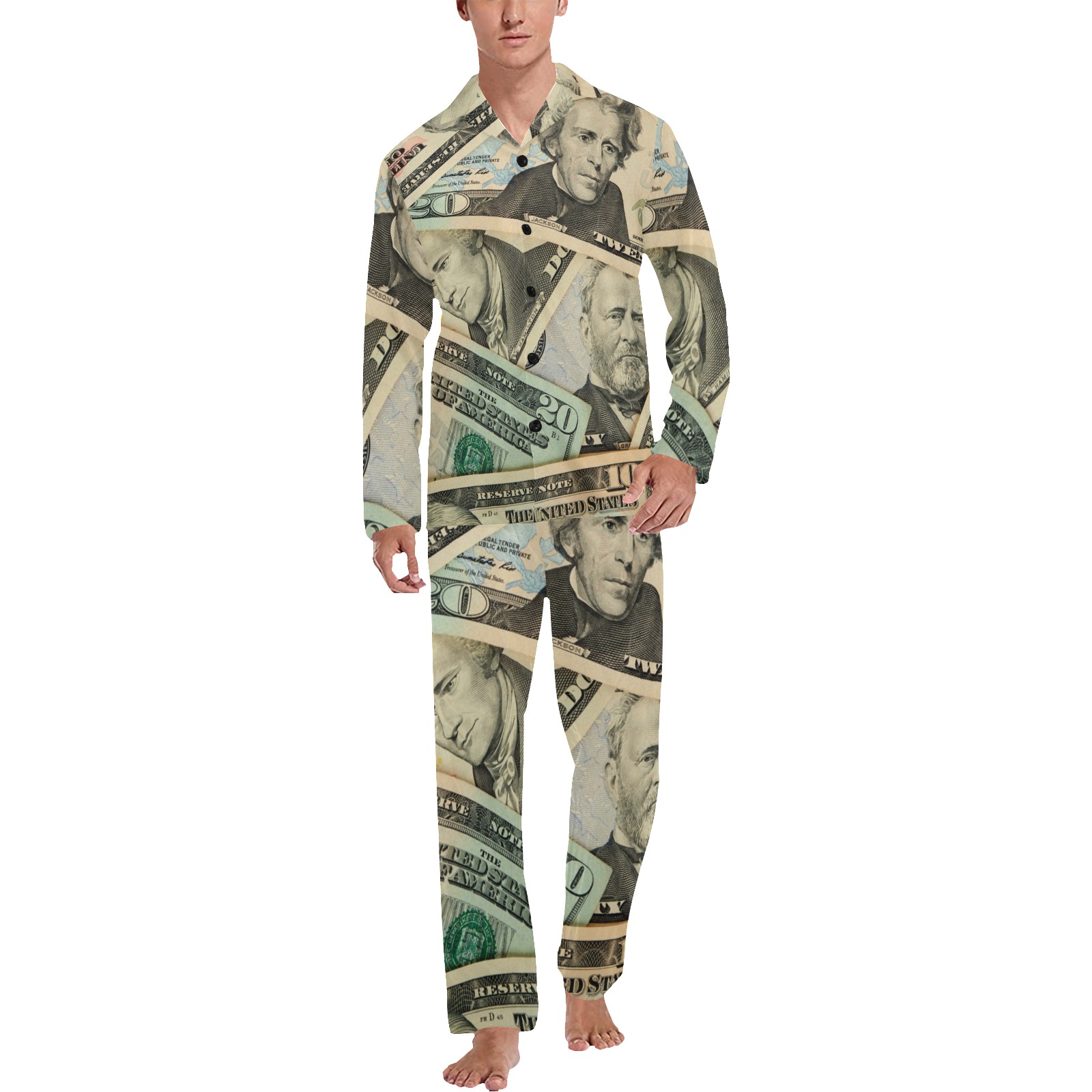 US PAPER CURRENCY Men's V-Neck Long Pajama Set