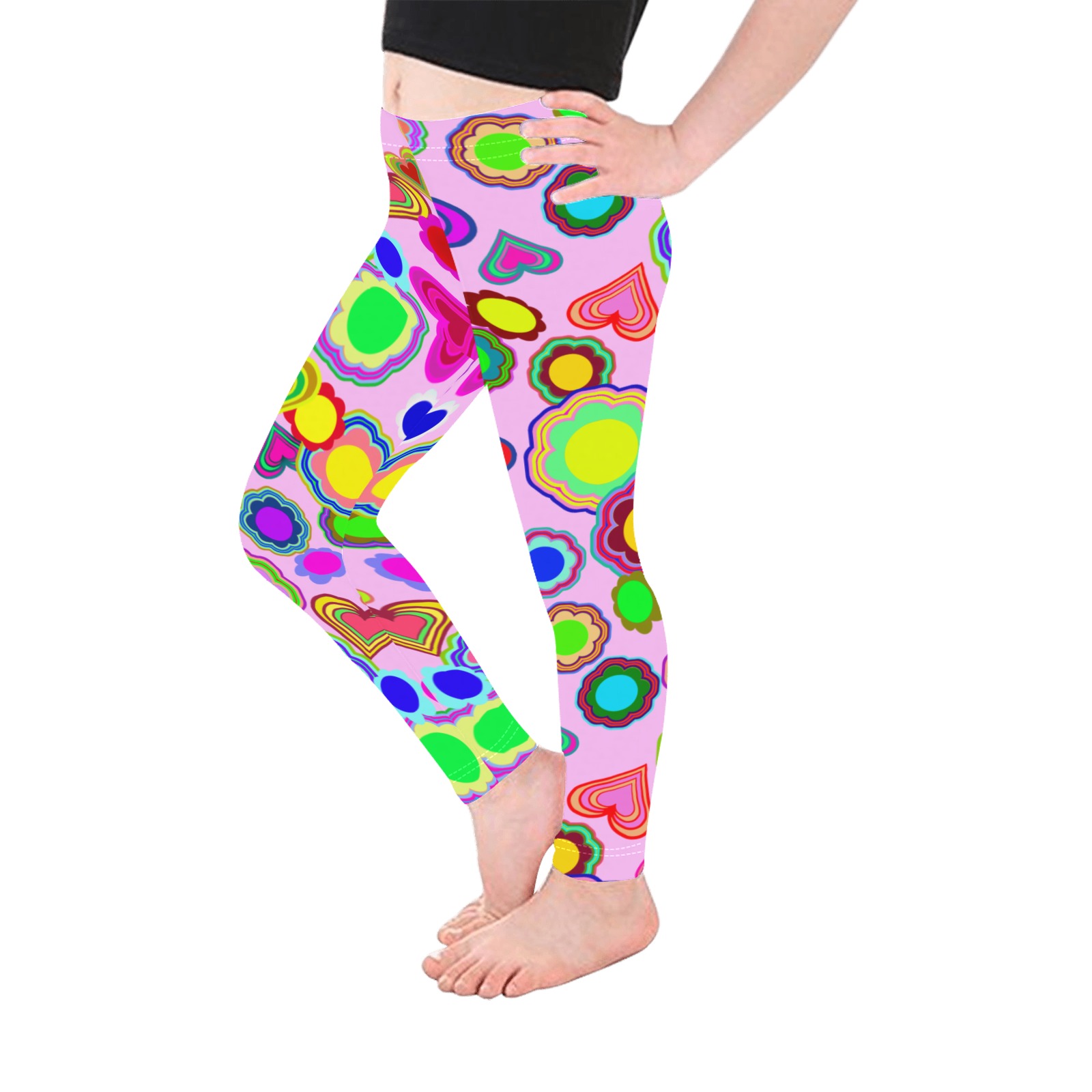 Groovy Hearts and Flowers Pink Kid's Ankle Length Leggings (Model L06)