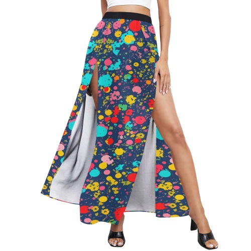 Yellow, red, and turquoise dots on navy blue art. High Slit Long Beach Dress (Model S40)