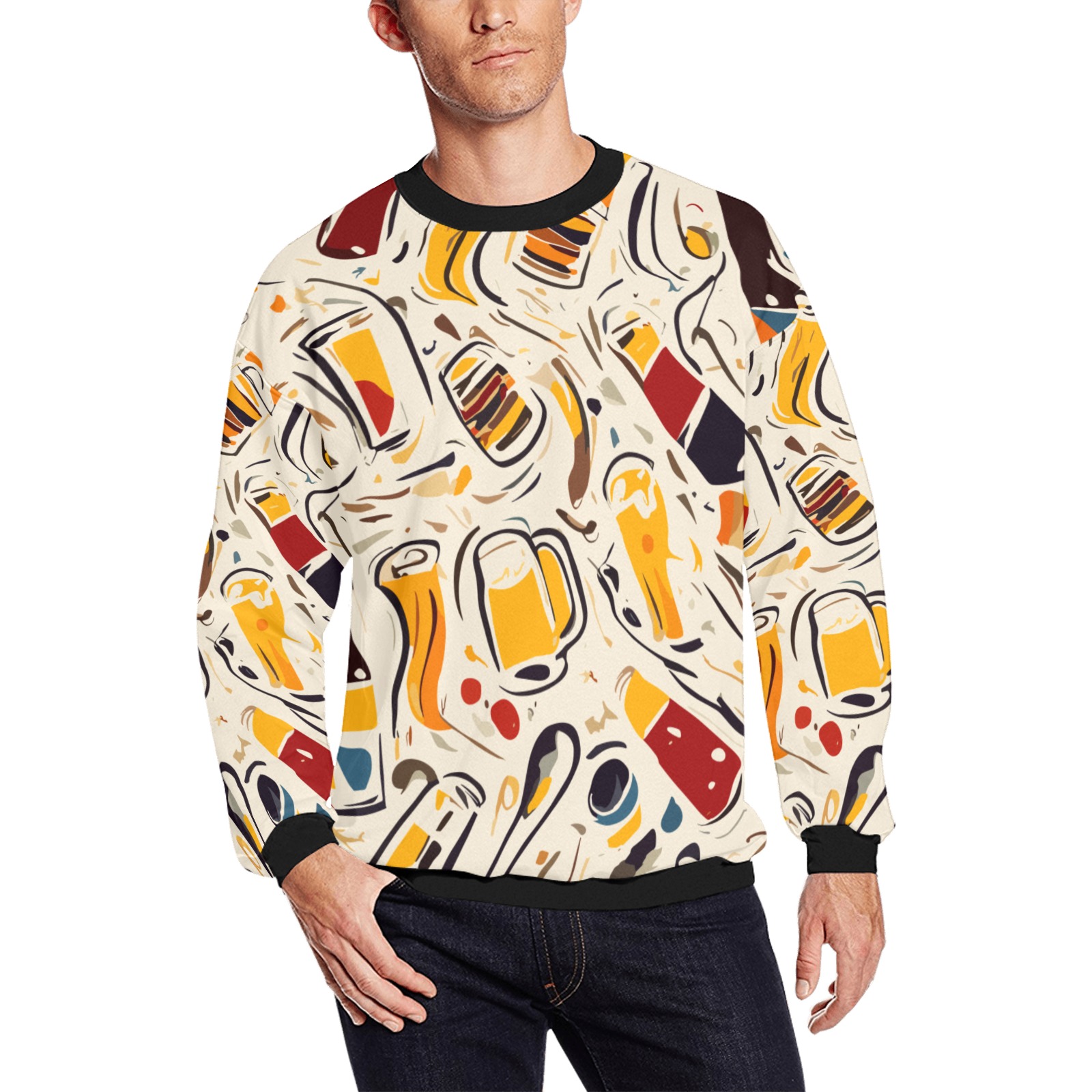 Stylish beer bottles and mugs pattern on beige Men's Oversized Fleece Crew Sweatshirt (Model H18)