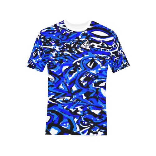 Abstract Blue and white Men's All Over Print T-Shirt (Solid Color Neck) (Model T63)