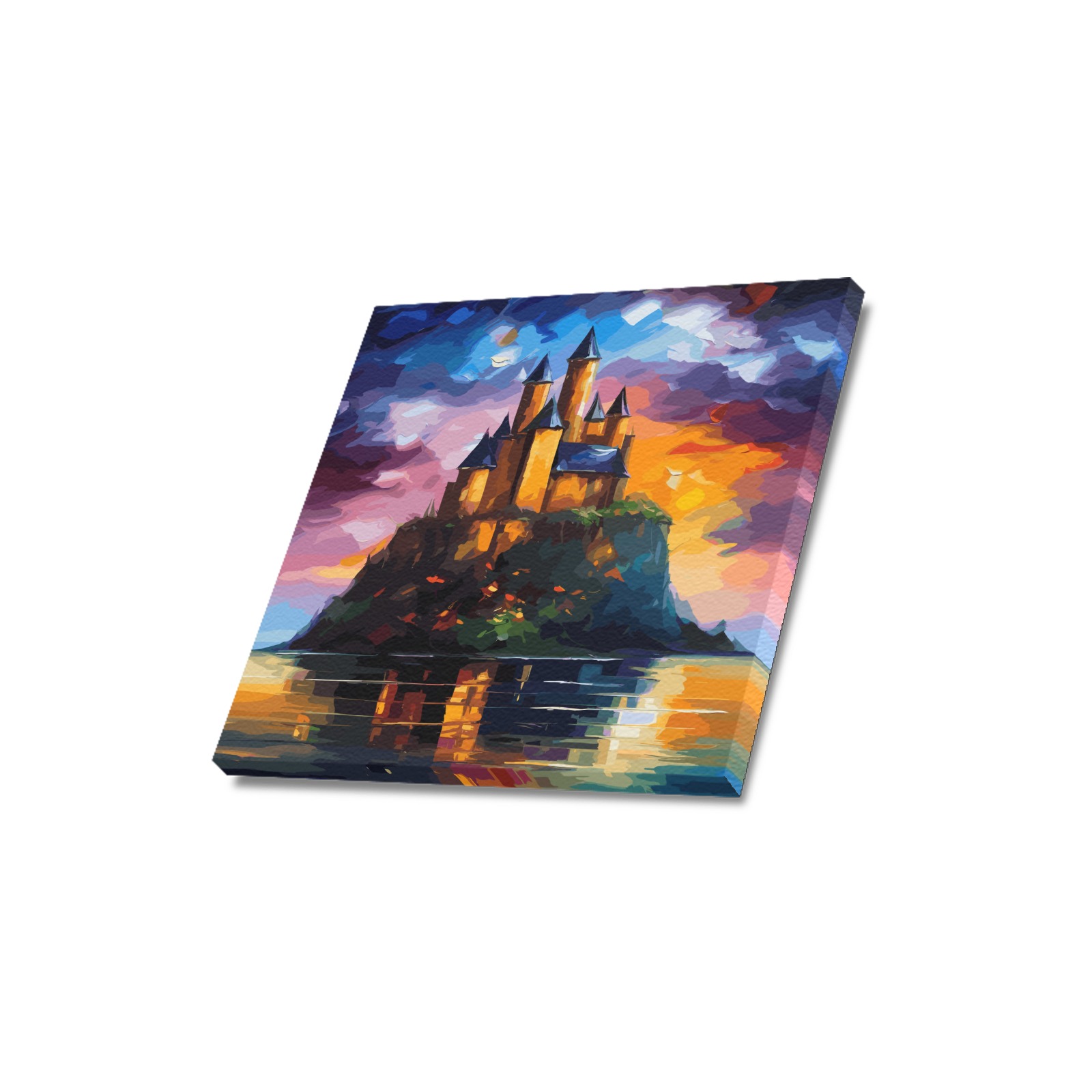 Medieval castle on a small island at sunset art. Upgraded Canvas Print 16"x16"