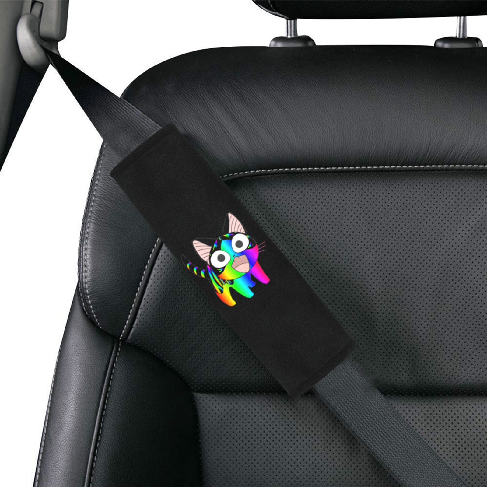 Rainbow Neon Kitty Cat Anime Car Seat Belt Cover 7''x8.5'' (Pack of 2)