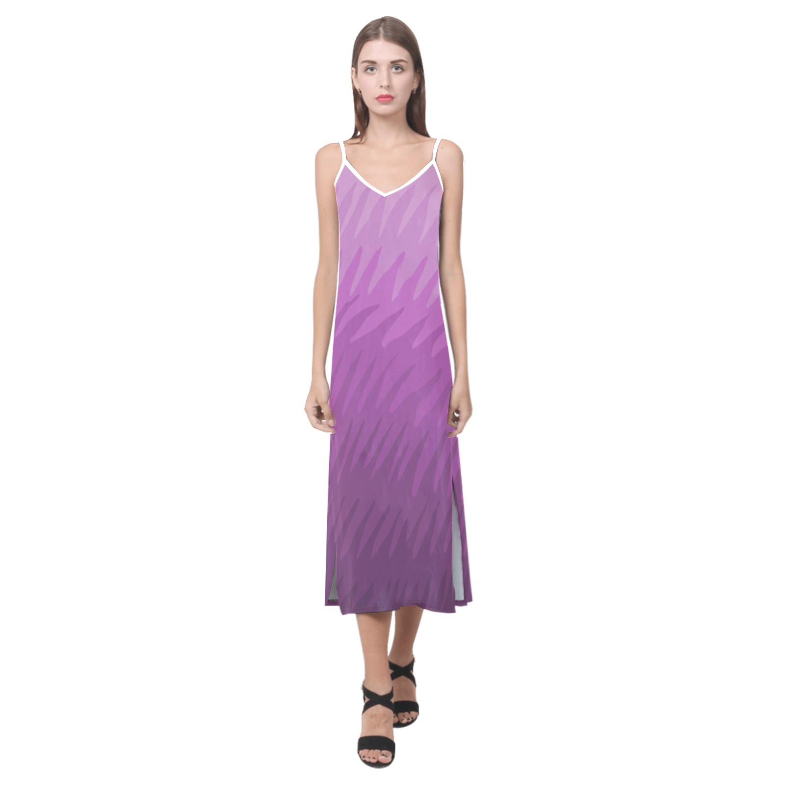 pink wavespike V-Neck Open Fork Long Dress(Model D18)
