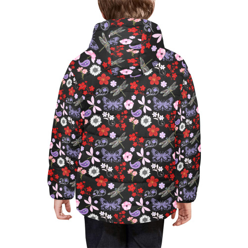 Black, Red, Pink, Purple, Dragonflies, Butterfly and Flowers Design Kids' Padded Hooded Jacket (Model H45)