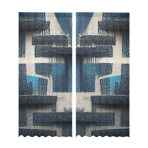 blue, white and black abstract pattern Gauze Curtain 28"x95" (Two-Piece)