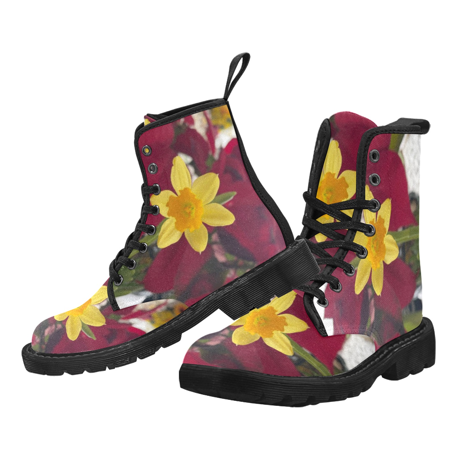 Flowers Martin Boots for Women (Black) (Model 1203H)