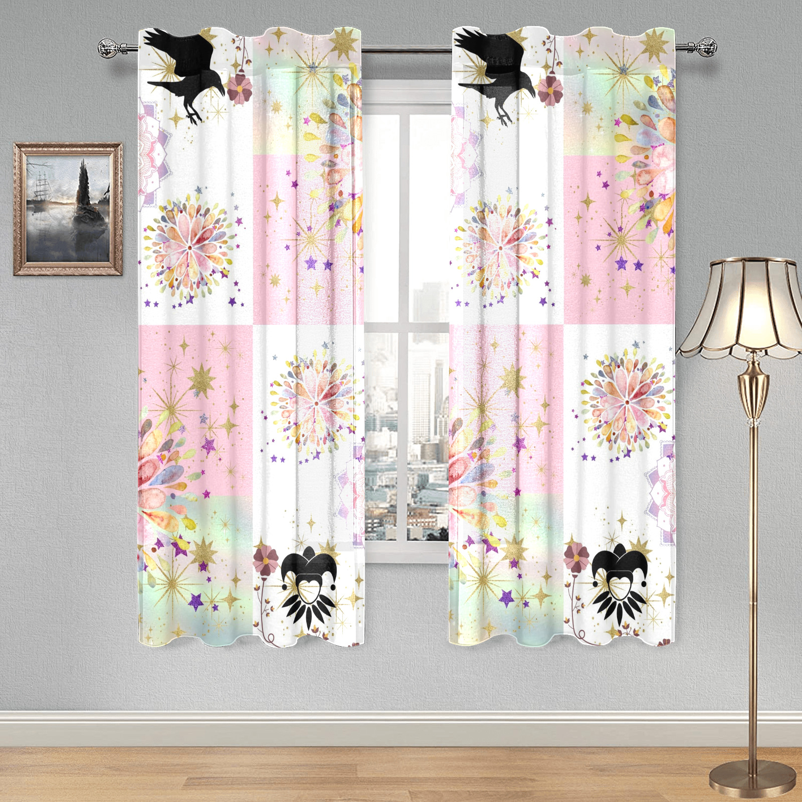 Secret Garden With Harlequin and Crow Patch Artwork Gauze Curtain 28"x63" (Two-Piece)