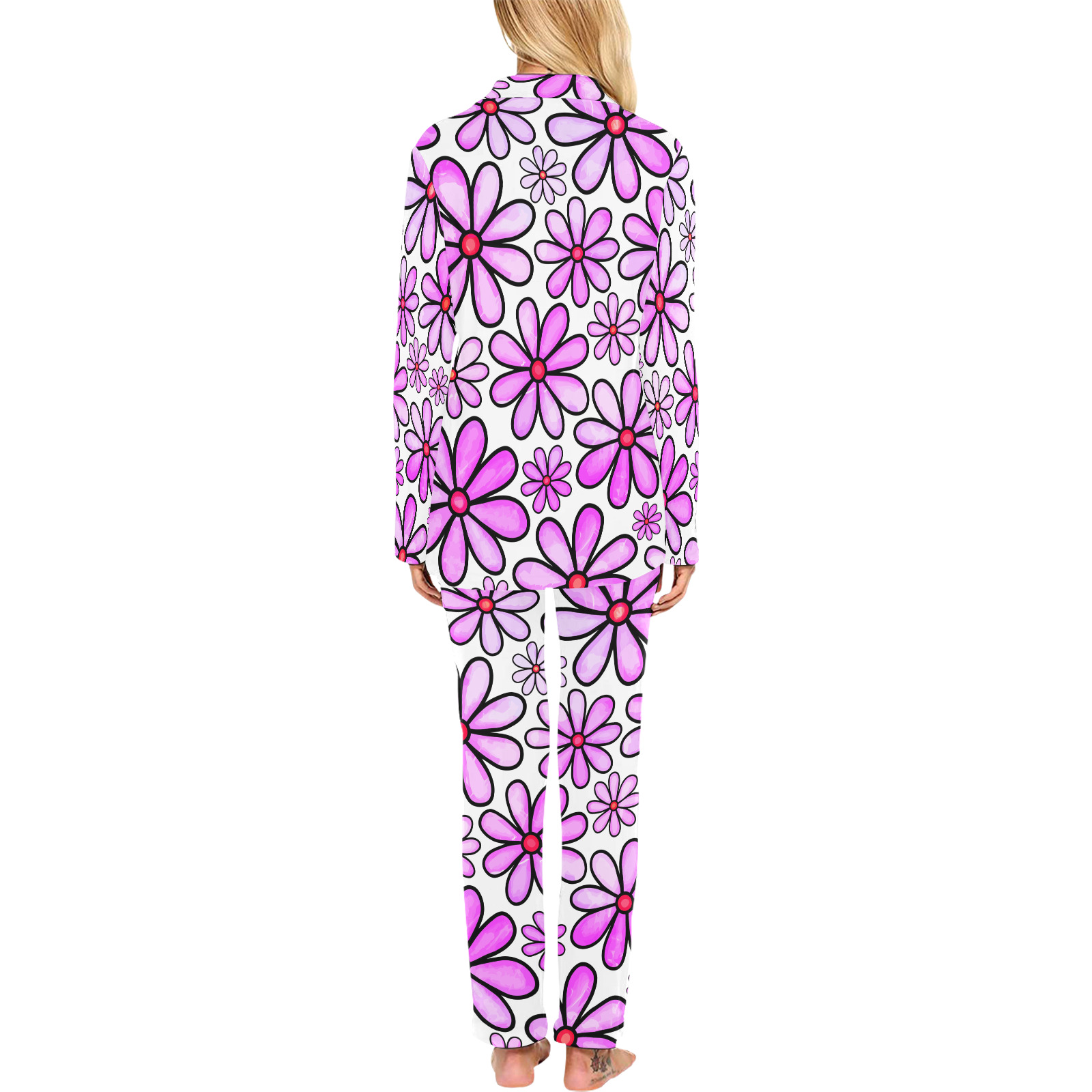 Pink Watercolor Doodle Daisy Flower Pattern Women's Long Pajama Set