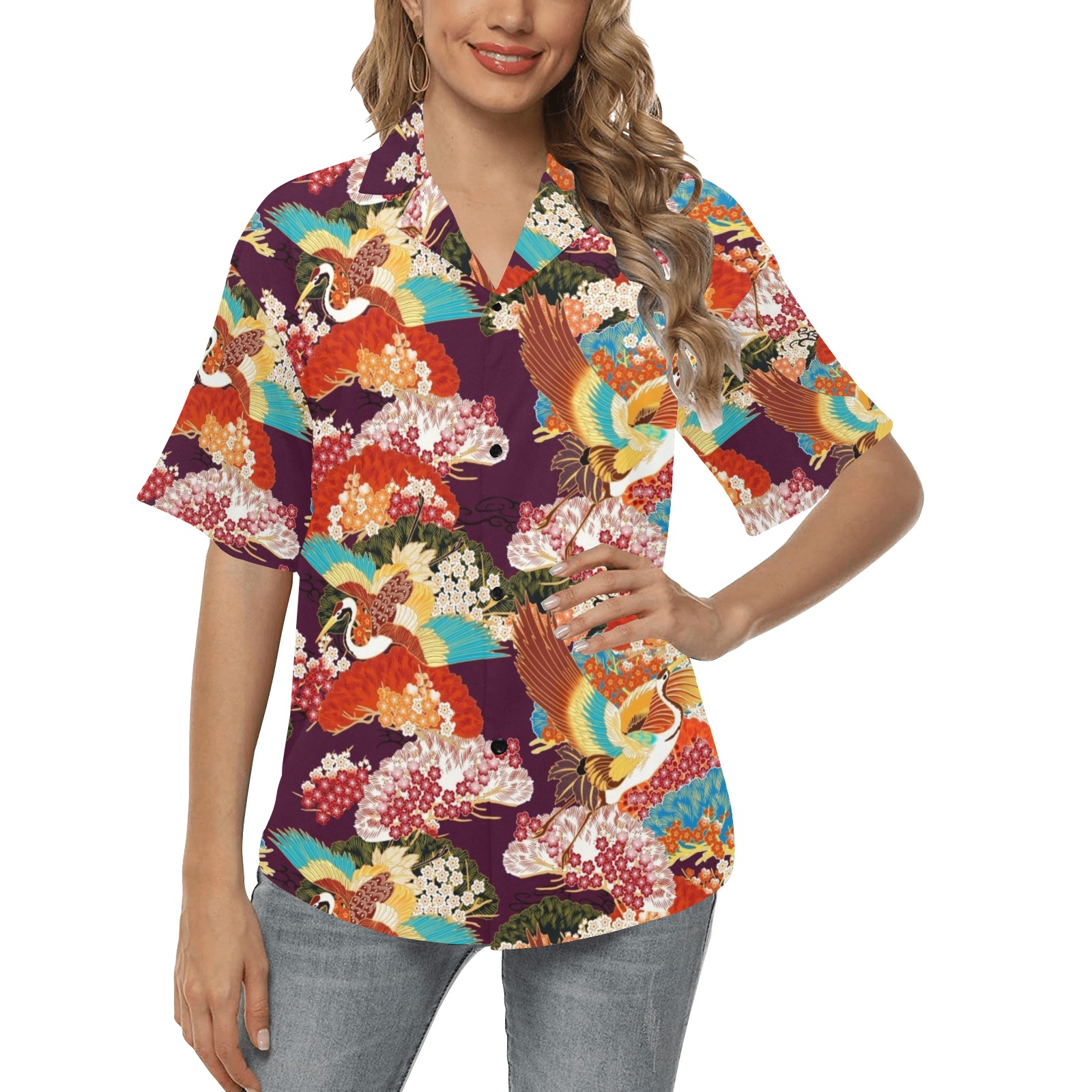 CRANE ELEGANCE All Over Print Hawaiian Shirt for Women (Model T58)