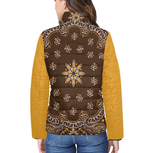 Brown Bandanna Pattern / Gold Women's Stand Collar Padded Jacket (Model H41)