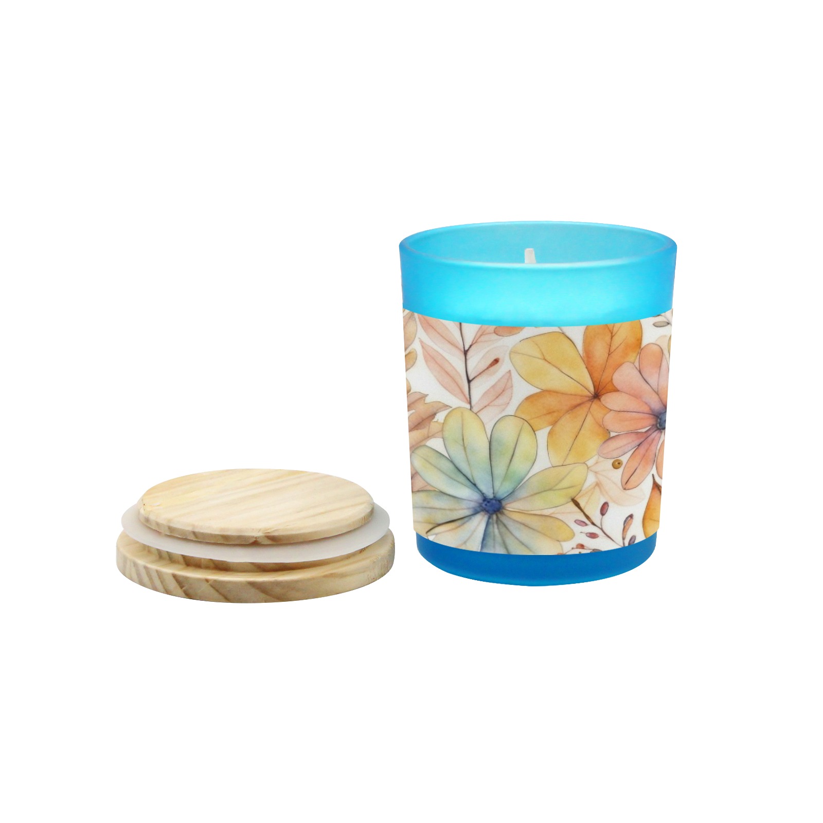 Watercolor Floral 2 Blue Glass Candle Cup (Wood Sage & Sea Salt)