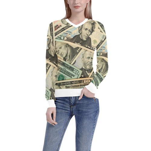 US PAPER CURRENCY Women's All Over Print V-Neck Sweater (Model H48)