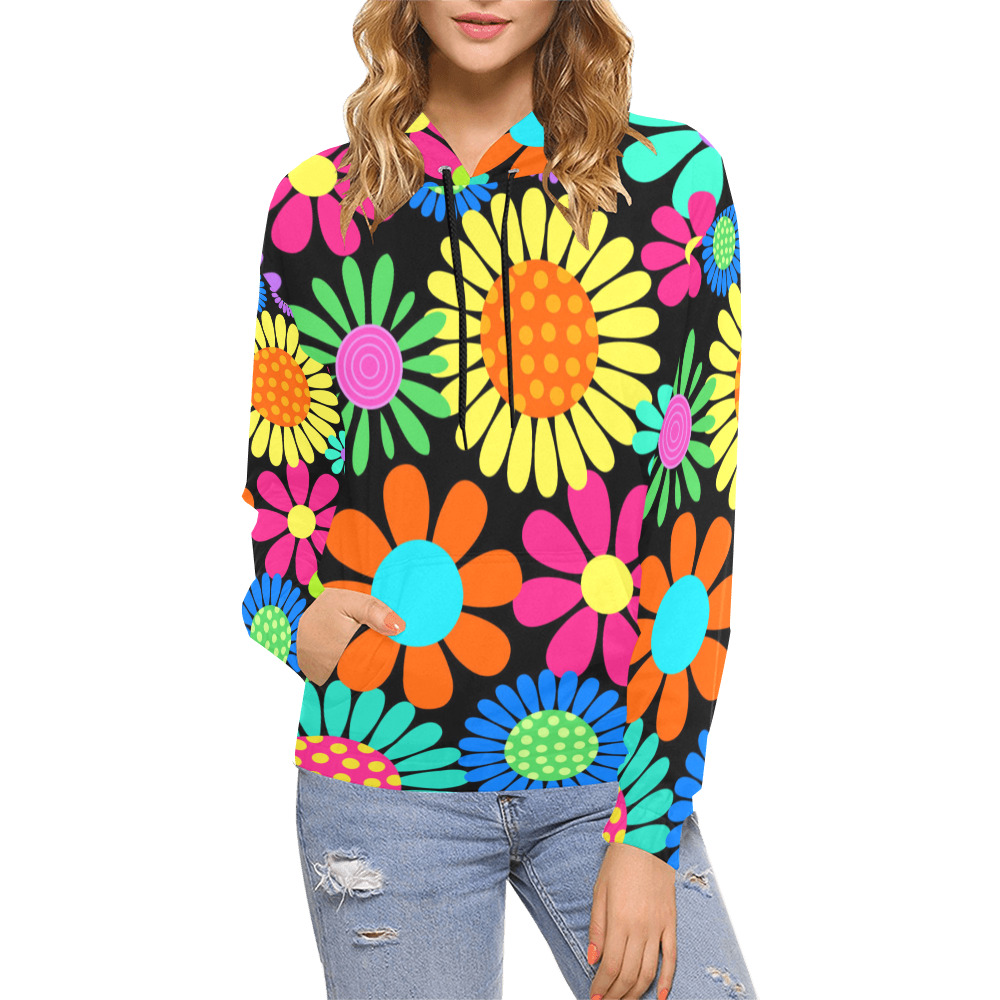 Retro Daisy Flower Power Sixties Hippy Pattern All Over Print Hoodie for Women (USA Size) (Model H13)