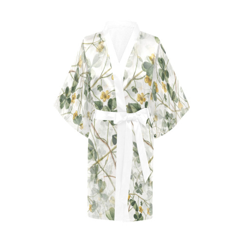 Vintage Yellow Floral Clover Foliage Plant Kimono Robe