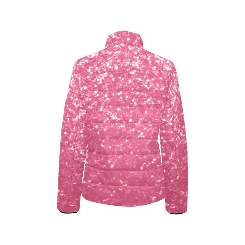 Magenta light pink red faux sparkles glitter Women's Stand Collar Padded Jacket (Model H41)