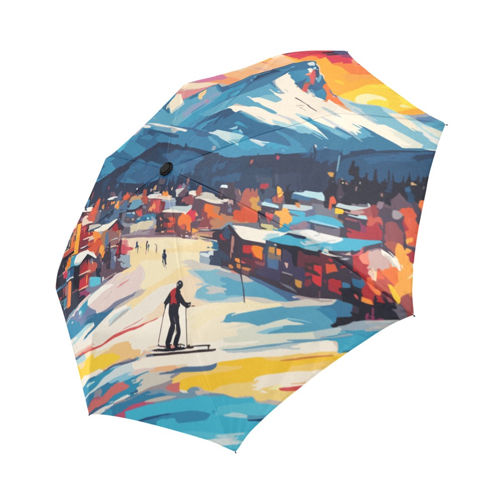 Early winter evening. Skiing resort, sunset art Auto-Foldable Umbrella (Model U04)