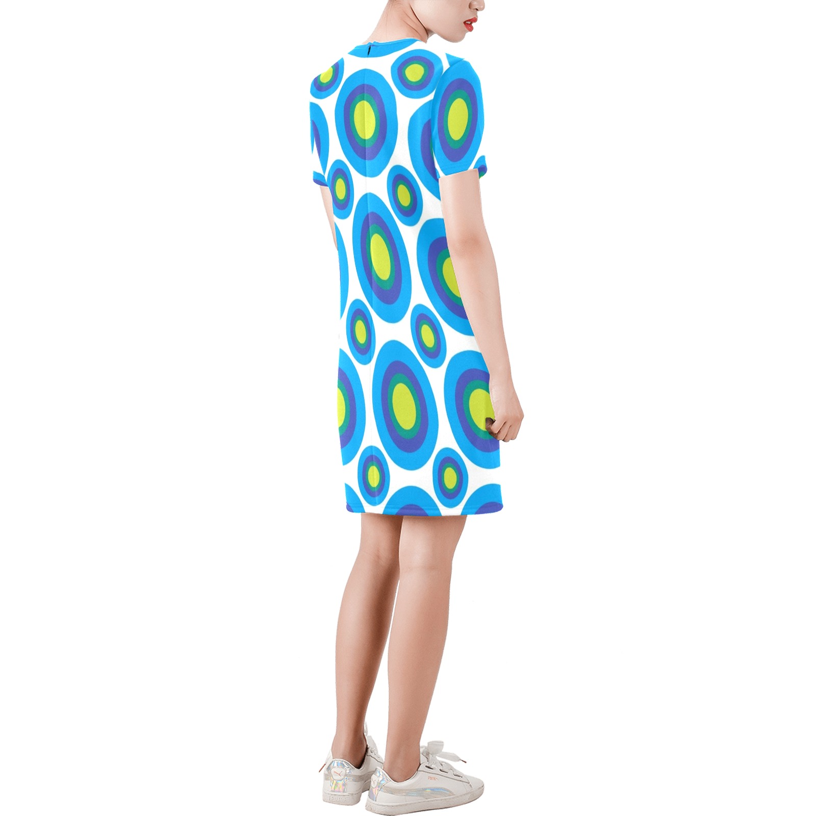 Retro Mod Mid Century Circles Short-Sleeve Round Neck A-Line Dress (Model D47)