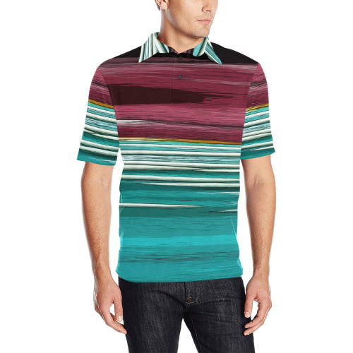 Abstract Red And Turquoise Horizontal Stripes Men's All Over Print Polo Shirt (Model T55)