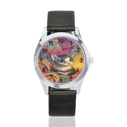 Cute Kittens 1 Unisex Silver-Tone Round Leather Watch (Model 216)