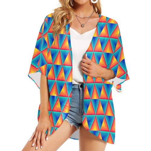 Neon triangles kimono Women's Kimono Chiffon Cover Ups (Model H51)