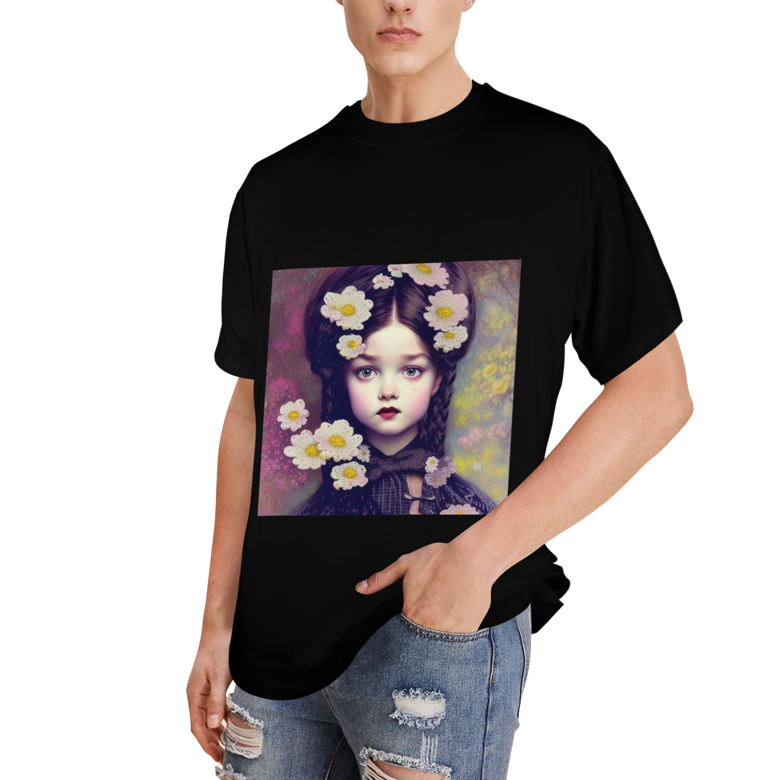 pretty victorian girl with white  knit flowers Men's Glow in the Dark T-shirt (Front Printing)