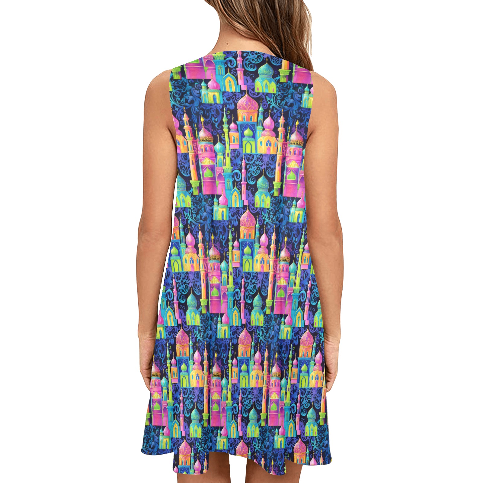 Whimsical Moroccan Print Colorful Arabesque Pattern Sleeveless A-Line Pocket Dress (Model D57)