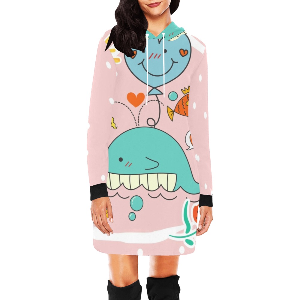 colorful cartoon whale All Over Print Hoodie Mini Dress (Model H27)