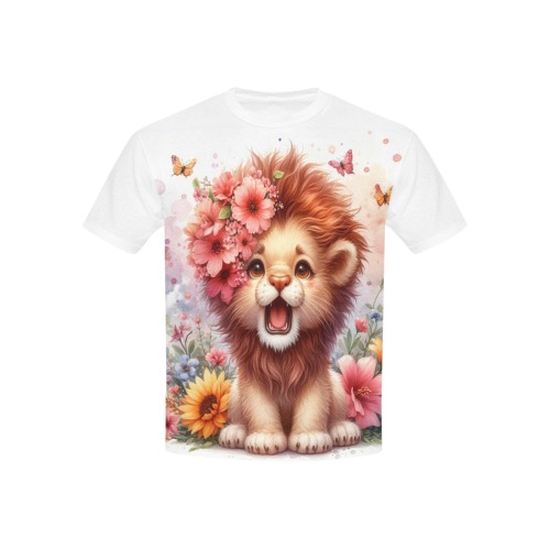 Watercolor Lion 1 Kids' Mesh Cloth T-Shirt with Solid Color Neck (Model T40)