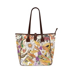 Daisies in Autumn leather stripe tote Classic Tote Bag (Model 1644)