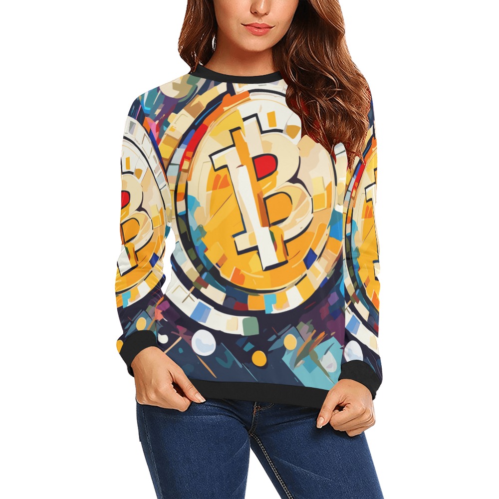 Awesome allegory of cryptocurrency coins cool art All Over Print Crewneck Sweatshirt for Women (Model H18)