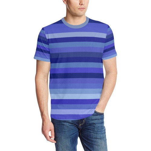 Blueberry Blue Stripes Men's All Over Print T-Shirt (Solid Color Neck) (Model T63)