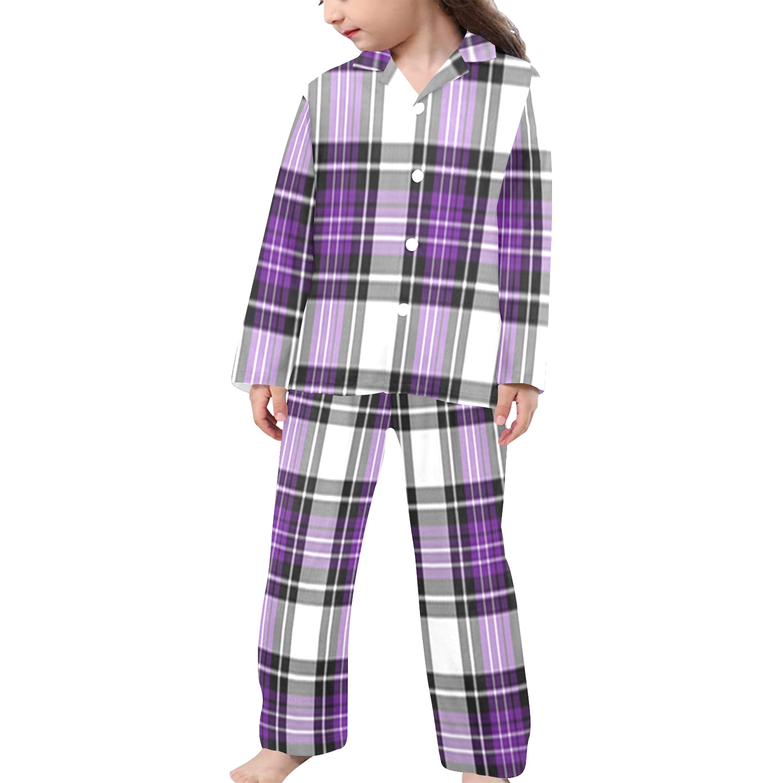 Purple Black Plaid Little Girls' V-Neck Long Pajama Set