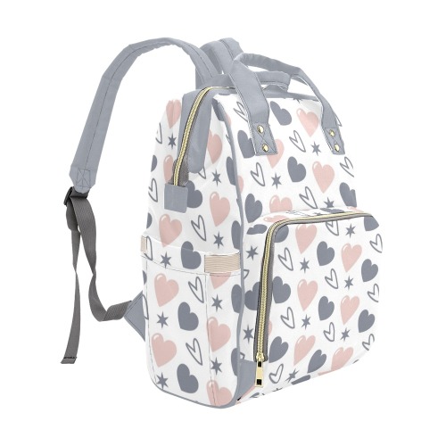 Pink and Grey Hearts Diaper Bag Multi-Function Diaper Backpack/Diaper Bag (Model 1688)